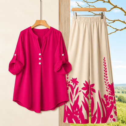Women's Minimalist Button-Front Tunic Top & Floral Print Wide Leg Pants Co-Ord Set