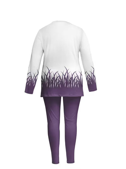 Women's Plus Size Cat Print Casual 2-Piece Outfit | Long Sleeve Crew Neck Top & High Waist Lace-Up Pants | Spring & Autumn Co-Ord Set