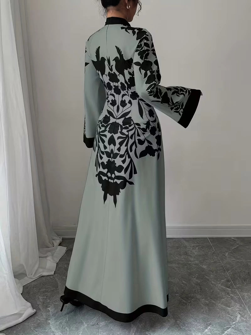 Women's Elegant Floral Print Maxi Dress | Long Sleeve A-Line Party & Evening Dress