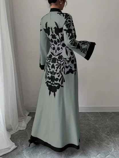 Women's Elegant Floral Print Maxi Dress | Long Sleeve A-Line Party & Evening Dress