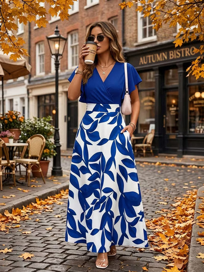 Elegant V-Neck Patchwork A-Line Dress
