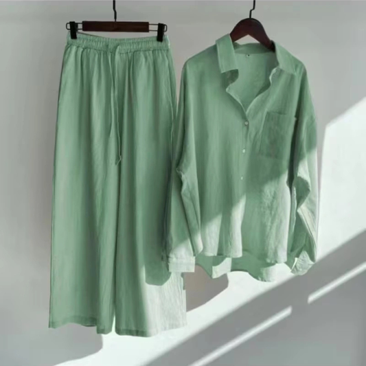 Vintage Chic Oversized Shirt & Wide-Leg Pants Co-Ord Set