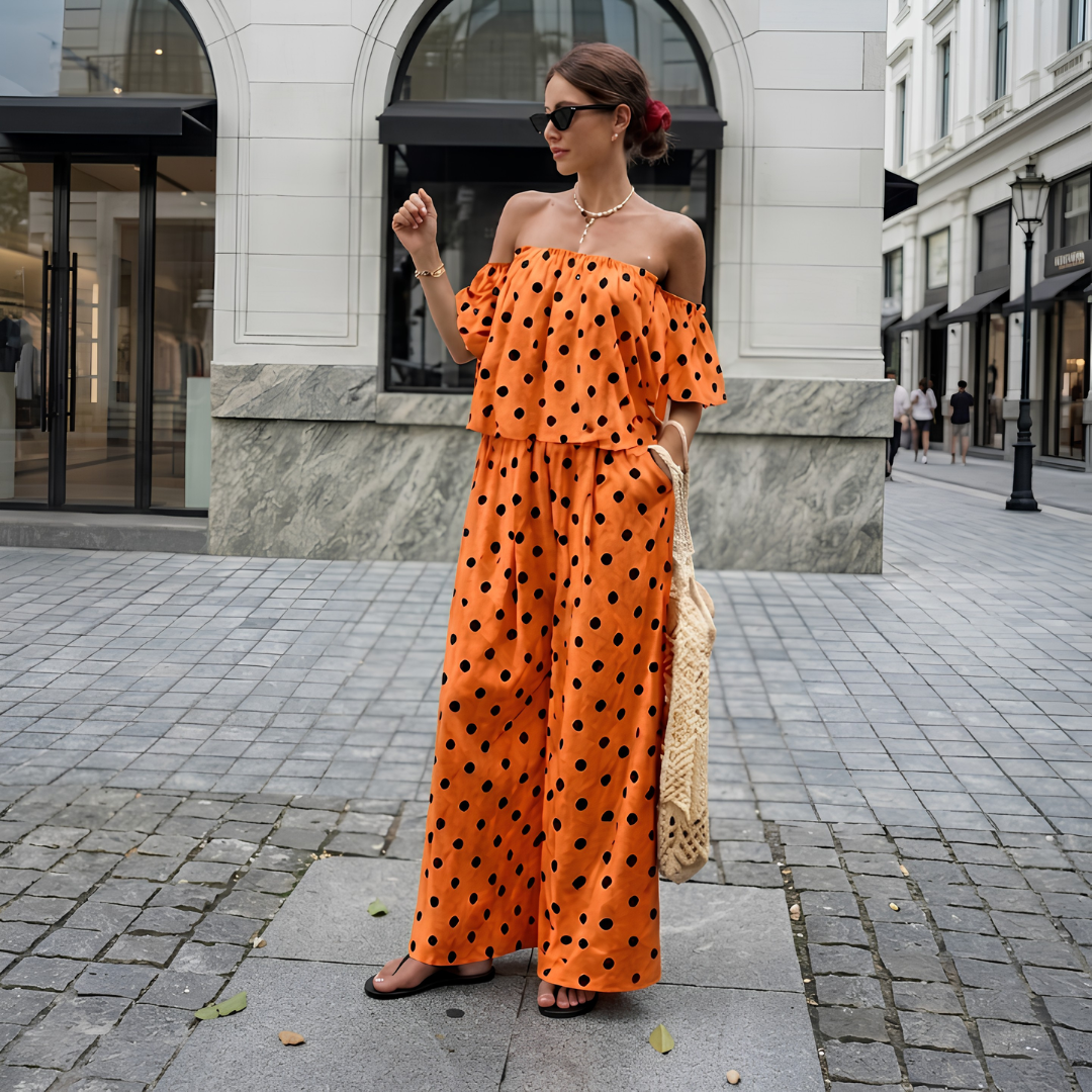 Women's Off-Shoulder Polka Dot Ruffle Top & Wide Leg Pants Co-Ord Set