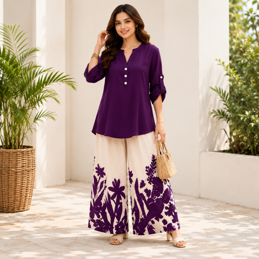 Women's Minimalist Button-Front Tunic Top & Floral Print Wide Leg Pants Co-Ord Set