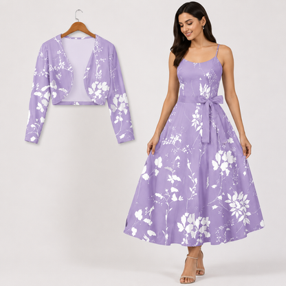 Women's Floral Printed Party Wear Midi Dress with Matching Shrug