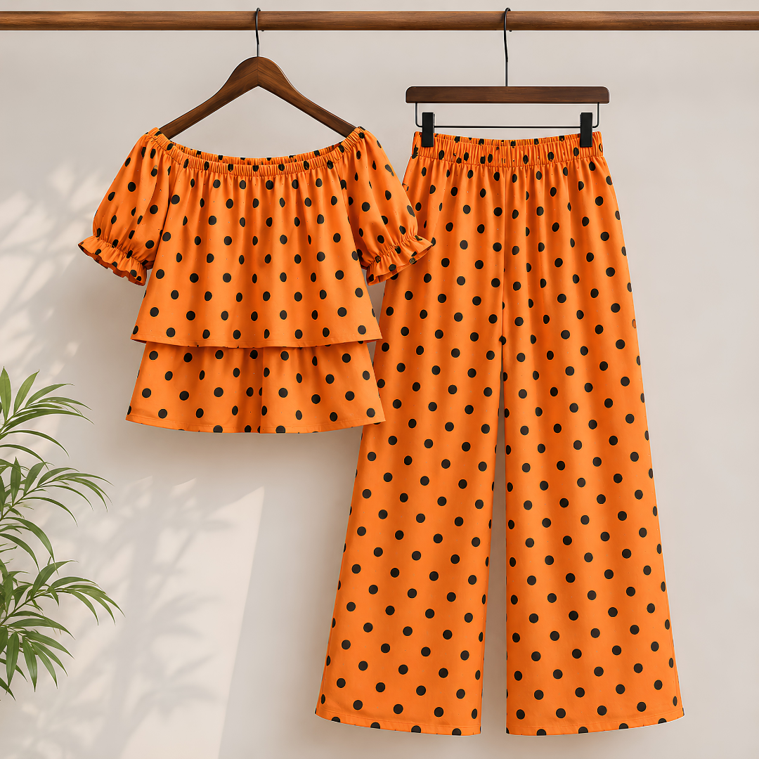 Women's Off-Shoulder Polka Dot Ruffle Top & Wide Leg Pants Co-Ord Set