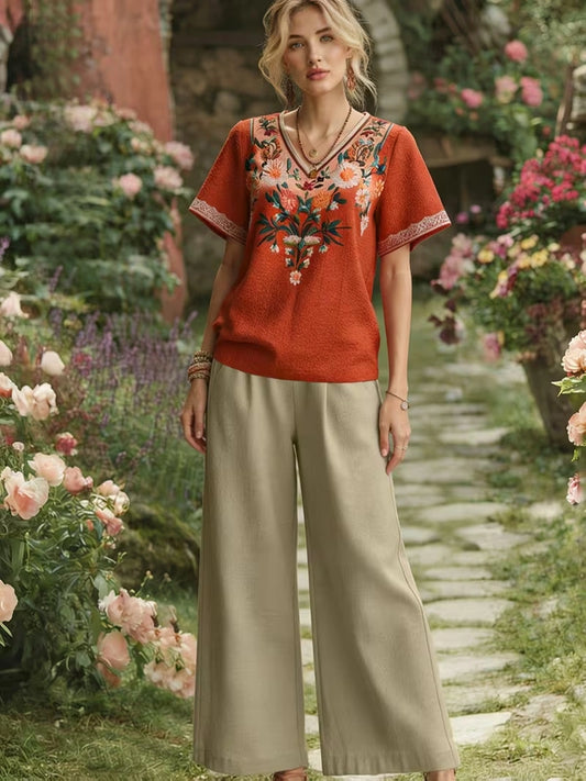 Women's Vintage Floral Wide-Leg Co-Ord Set – Elegant 2-Piece Outfit