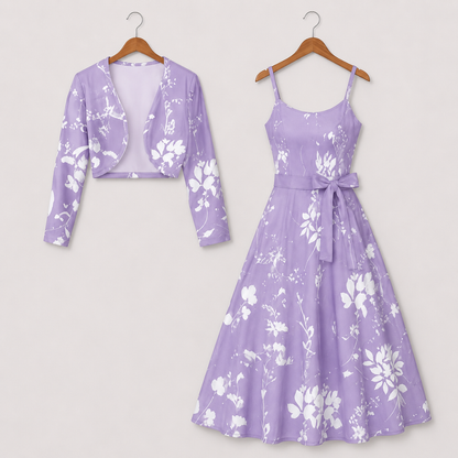 Women's Floral Printed Party Wear Midi Dress with Matching Shrug