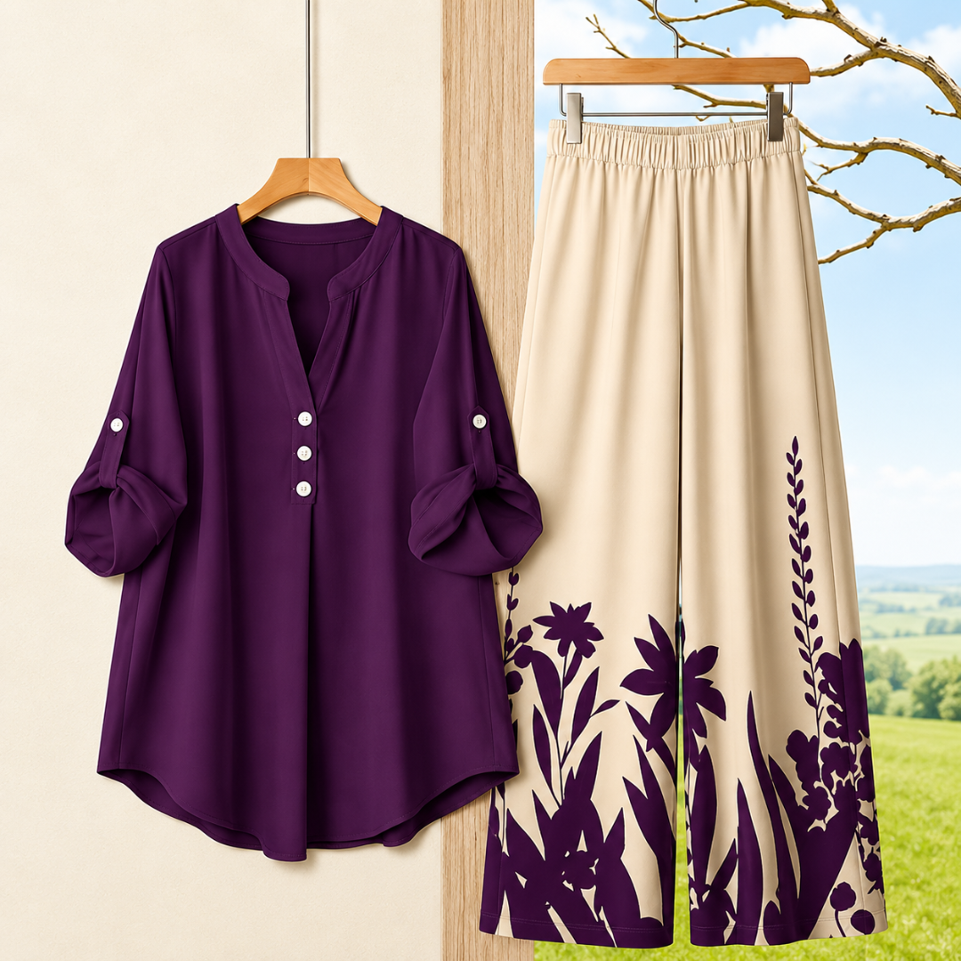 Women's Minimalist Button-Front Tunic Top & Floral Print Wide Leg Pants Co-Ord Set