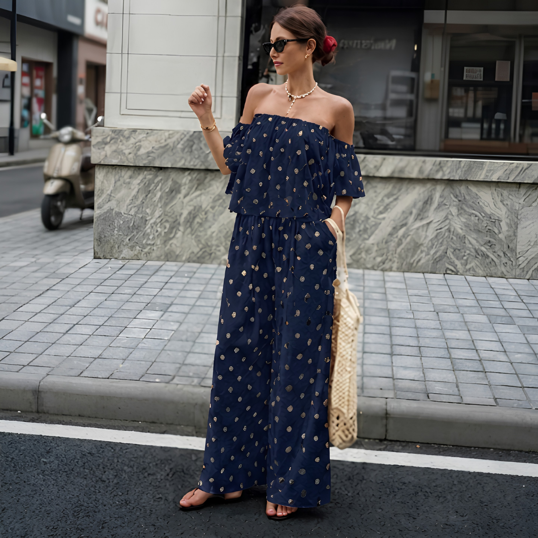 Women's Off-Shoulder Polka Dot Ruffle Top & Wide Leg Pants Co-Ord Set