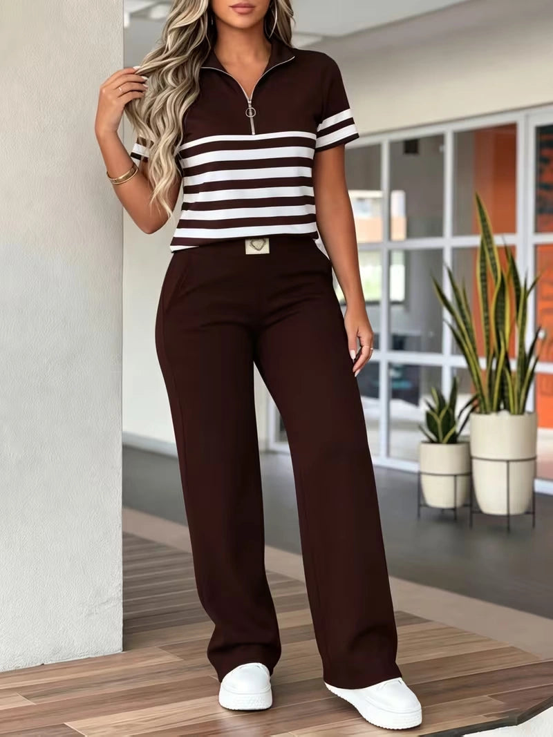 Women's Summer Striped Casual Co-Ord Set | Half-Zip Polo Top & Wide-Leg Pants 2-Piece Outfit