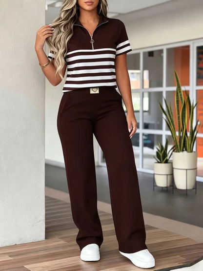 Women's Summer Striped Casual Co-Ord Set | Half-Zip Polo Top & Wide-Leg Pants 2-Piece Outfit