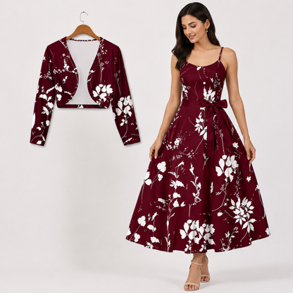 Women's Floral Printed Party Wear Midi Dress with Matching Shrug