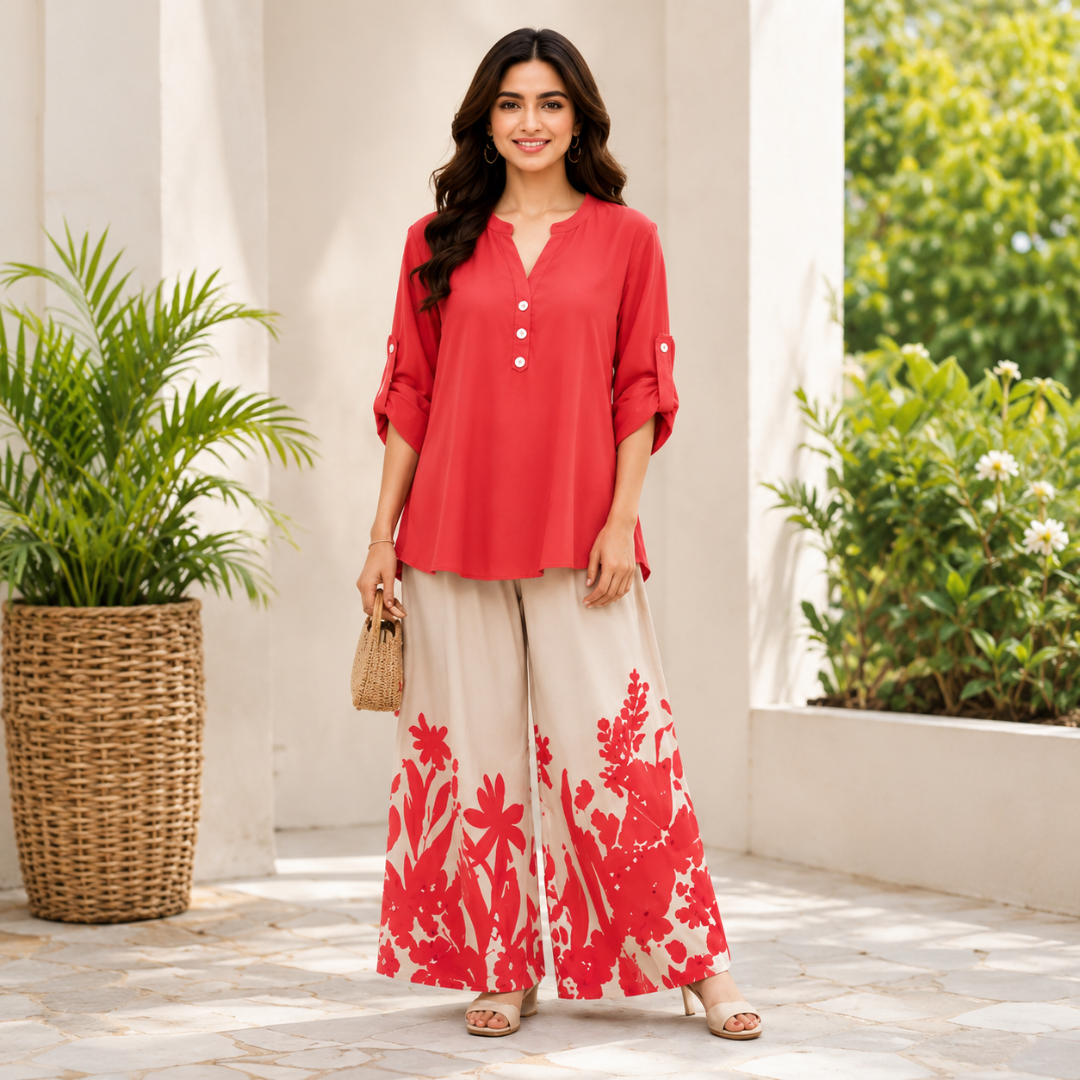 Women's Minimalist Button-Front Tunic Top & Floral Print Wide Leg Pants Co-Ord Set