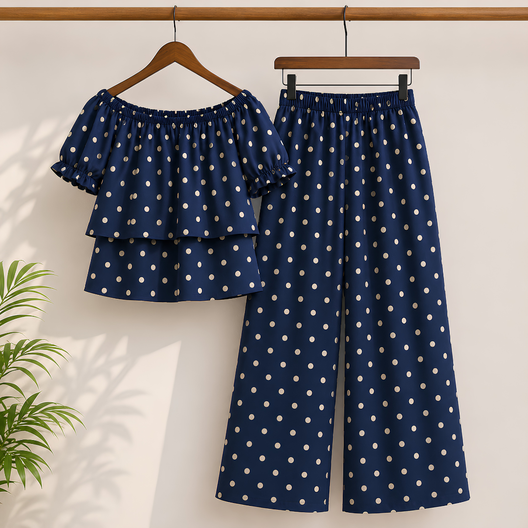 Women's Off-Shoulder Polka Dot Ruffle Top & Wide Leg Pants Co-Ord Set
