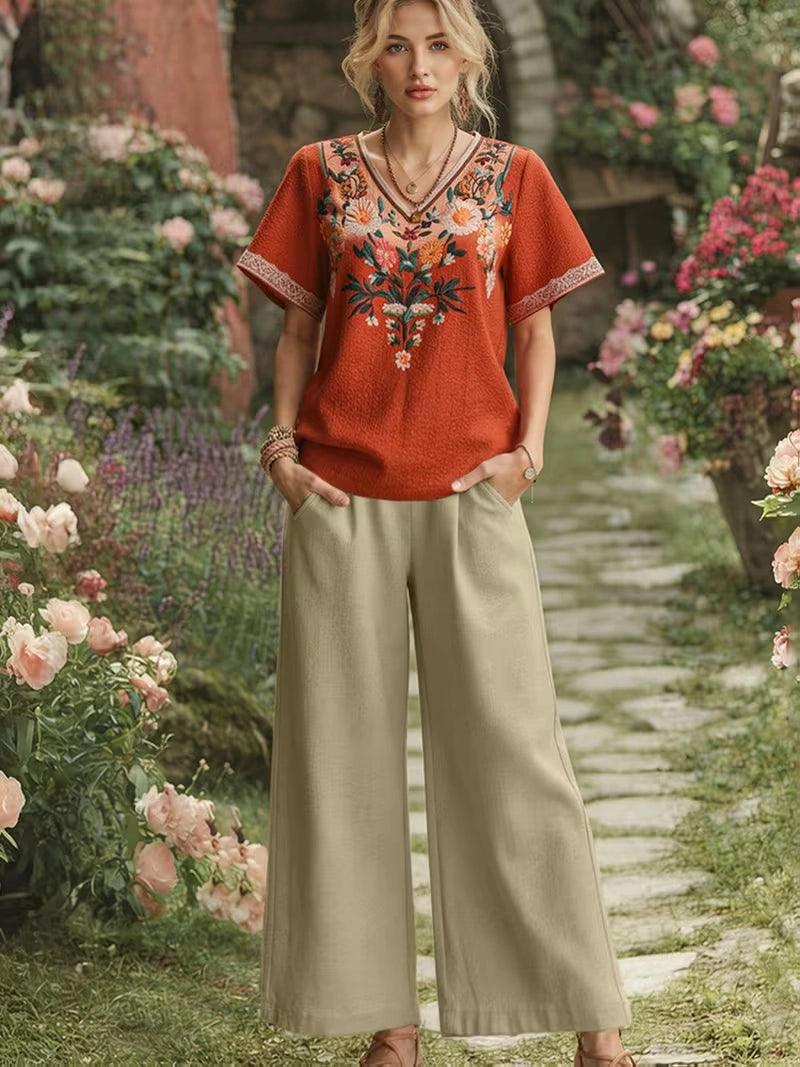 Women's Vintage Floral Wide-Leg Co-Ord Set – Elegant 2-Piece Outfit