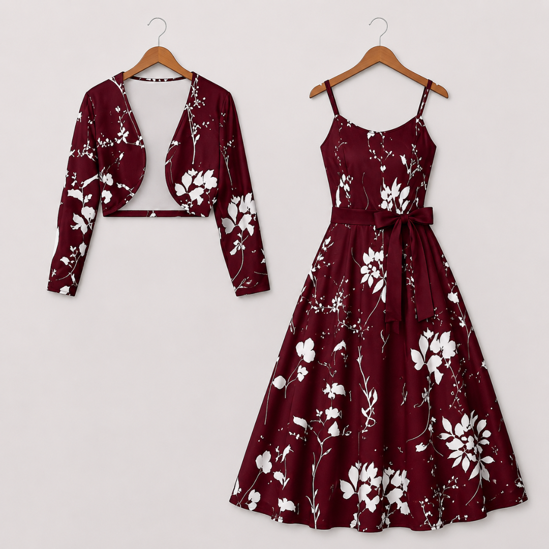 Women's Floral Printed Party Wear Midi Dress with Matching Shrug