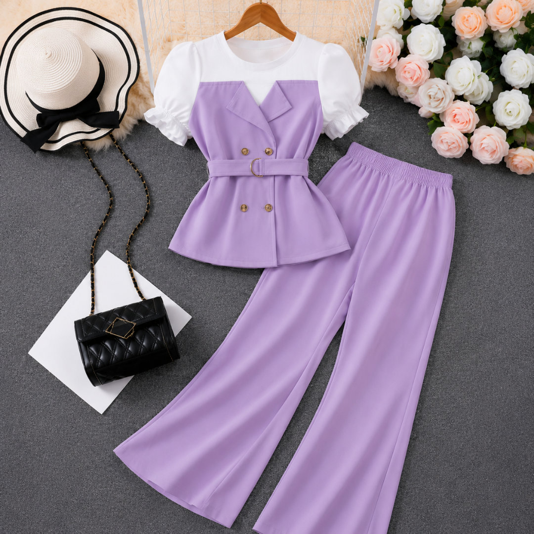 Women's Elegant Puff Sleeve Belted Blazer Top & Wide Leg Pants Co-Ord Set