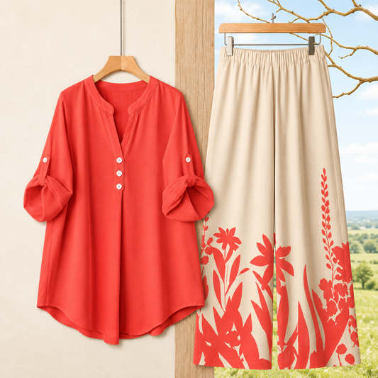 Women's Minimalist Button-Front Tunic Top & Floral Print Wide Leg Pants Co-Ord Set