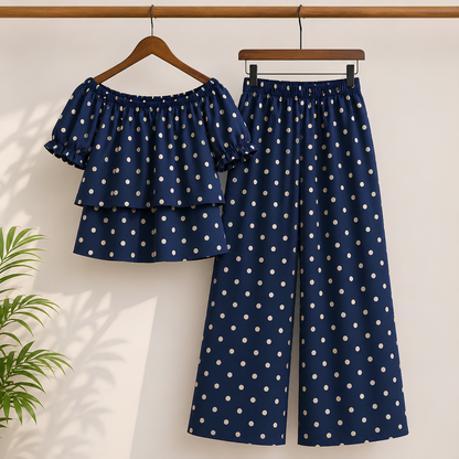 Women's Off-Shoulder Polka Dot Ruffle Top & Wide Leg Pants Co-Ord Set