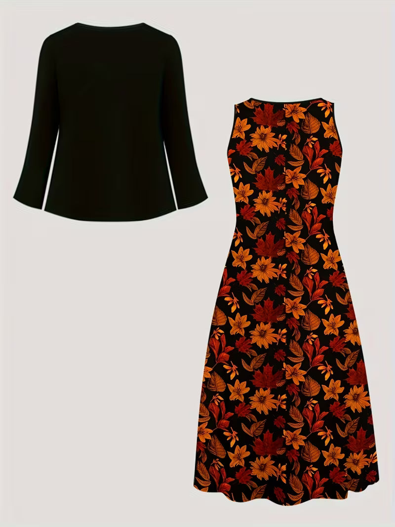 Elegant Floral Print 2-Piece Dress