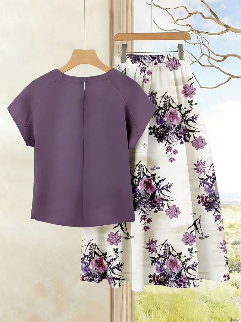 Women's Summer Casual Skirt Co-Ord Set | Solid Top & Printed Skirt 2-Piece Outfit