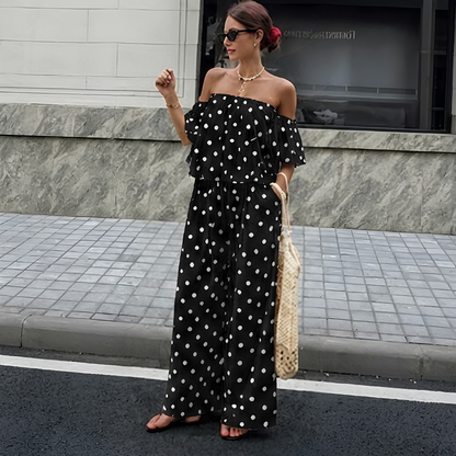 Women's Off-Shoulder Polka Dot Ruffle Top & Wide Leg Pants Co-Ord Set