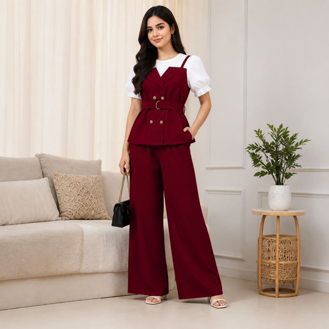 Women's Elegant Puff Sleeve Belted Blazer Top & Wide Leg Pants Co-Ord Set