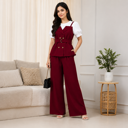 Women's Elegant Puff Sleeve Belted Blazer Top & Wide Leg Pants Co-Ord Set