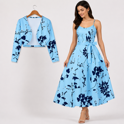 Women's Floral Printed Party Wear Midi Dress with Matching Shrug