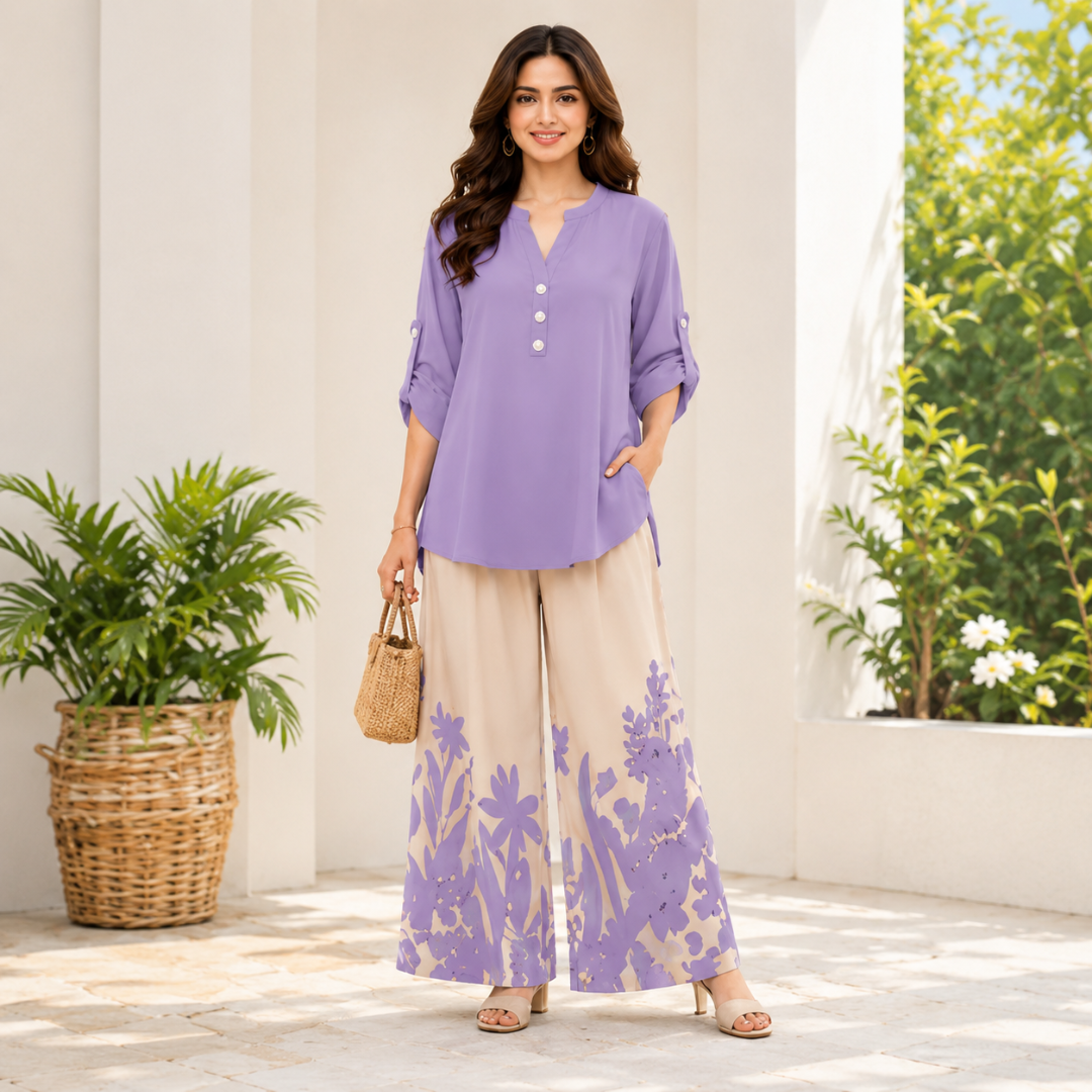 Women's Minimalist Button-Front Tunic Top & Floral Print Wide Leg Pants Co-Ord Set