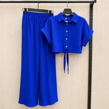 Women's Solid Button-Down Crop Shirt & Wide Leg Pants Co-Ord Set