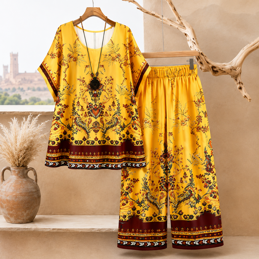 Women's Vintage Floral Print Oversized Top & Wide Leg Pants Co-Ord Set
