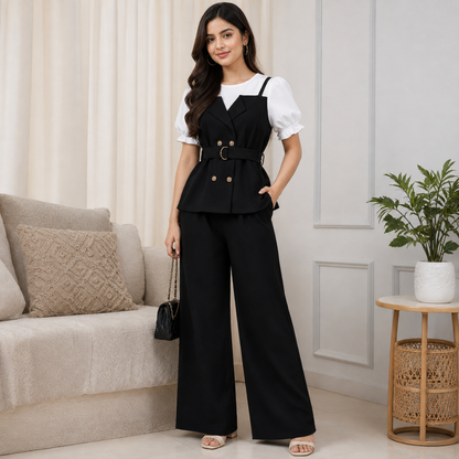 Women's Elegant Puff Sleeve Belted Blazer Top & Wide Leg Pants Co-Ord Set