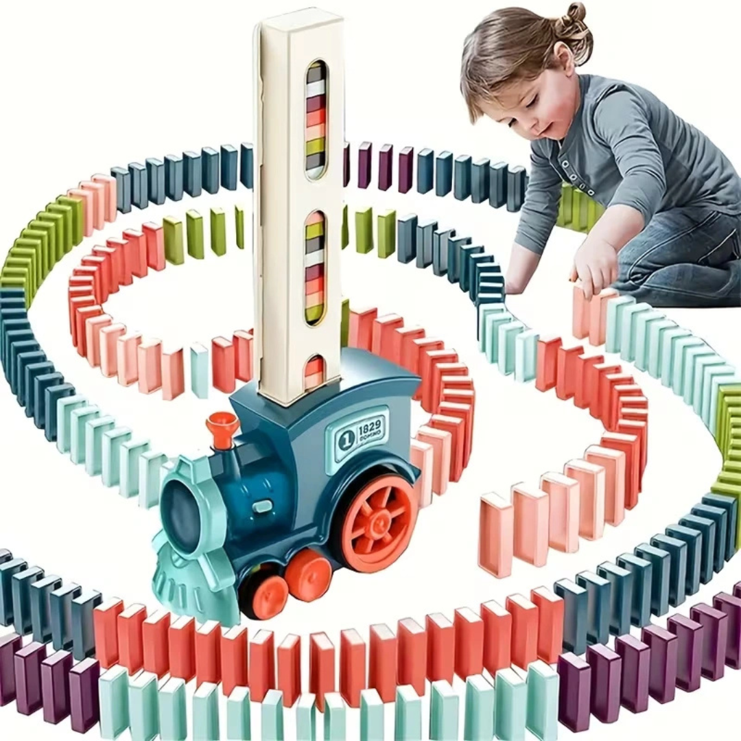 Electric Domino Train Set with Automatic Domino Laying Blocks – Creative STEM Building Toy for Kids (Blue)