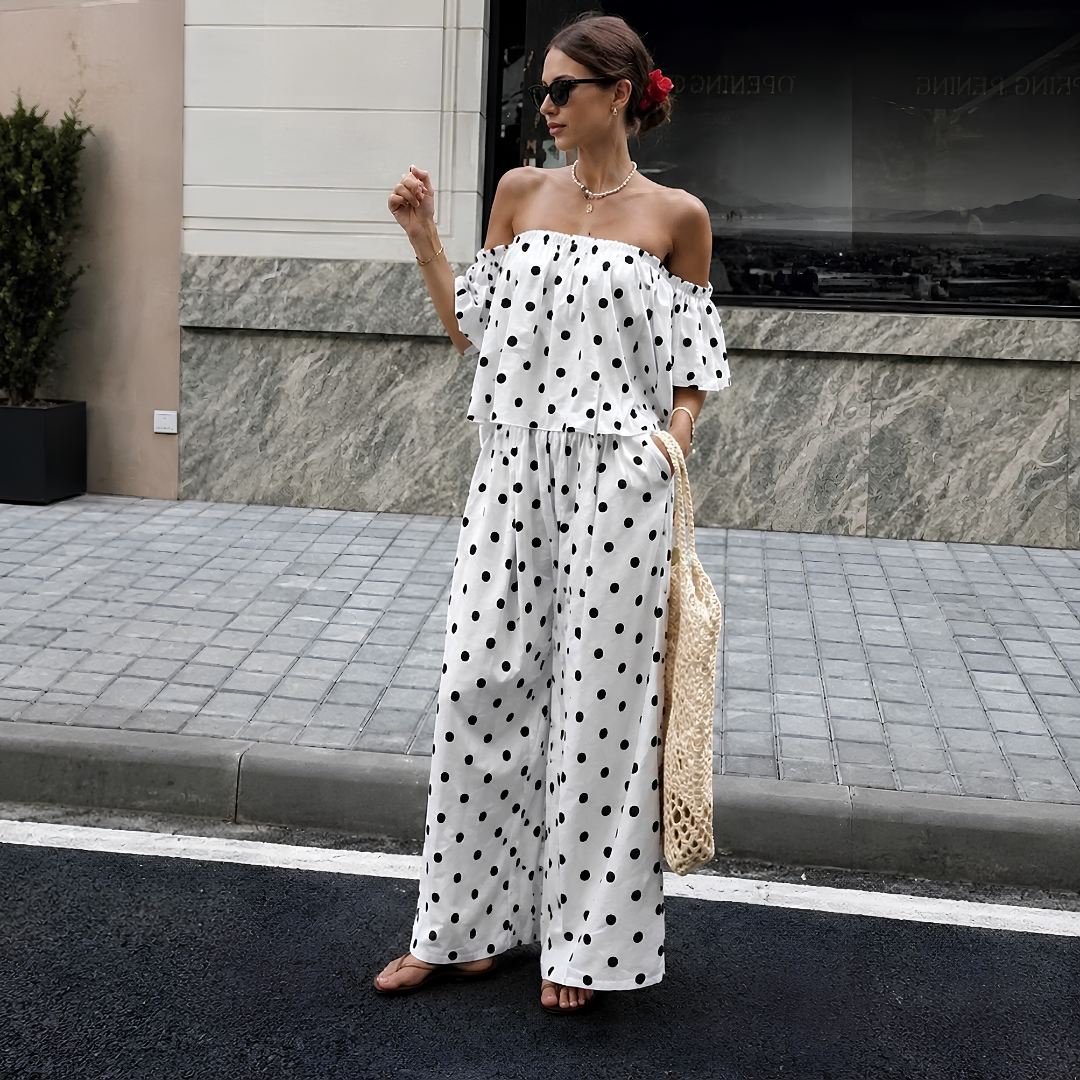 Women's Off-Shoulder Polka Dot Ruffle Top & Wide Leg Pants Co-Ord Set