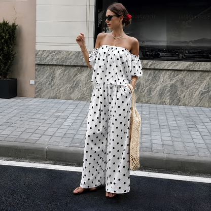 Women's Off-Shoulder Polka Dot Ruffle Top & Wide Leg Pants Co-Ord Set