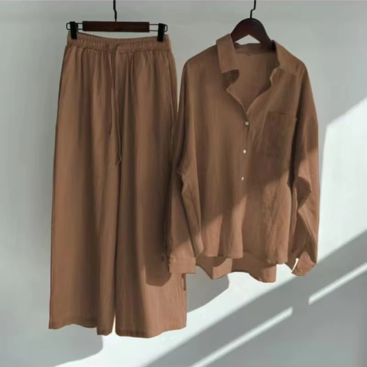 Vintage Chic Oversized Shirt & Wide-Leg Pants Co-Ord Set