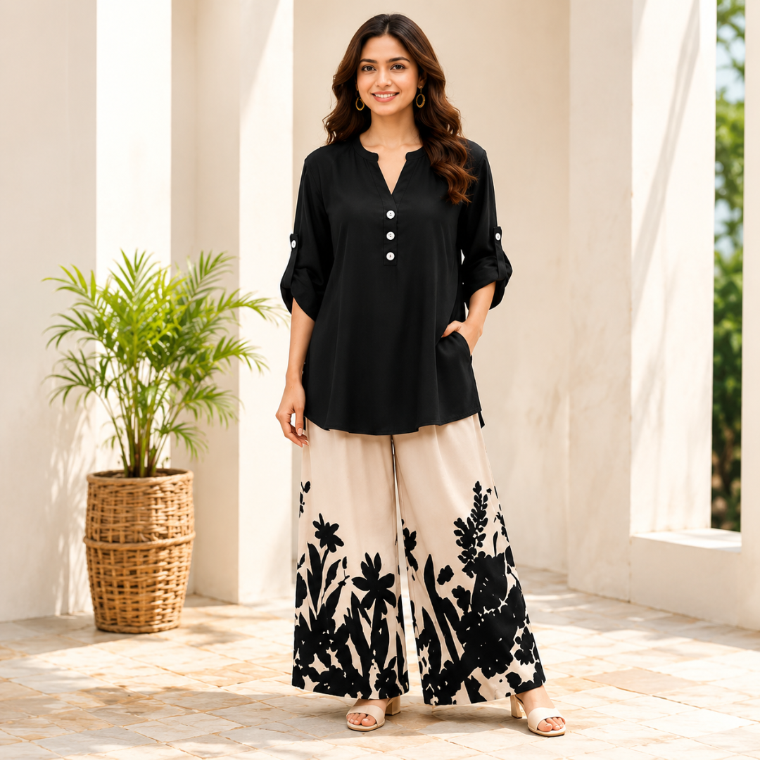 Women's Minimalist Button-Front Tunic Top & Floral Print Wide Leg Pants Co-Ord Set