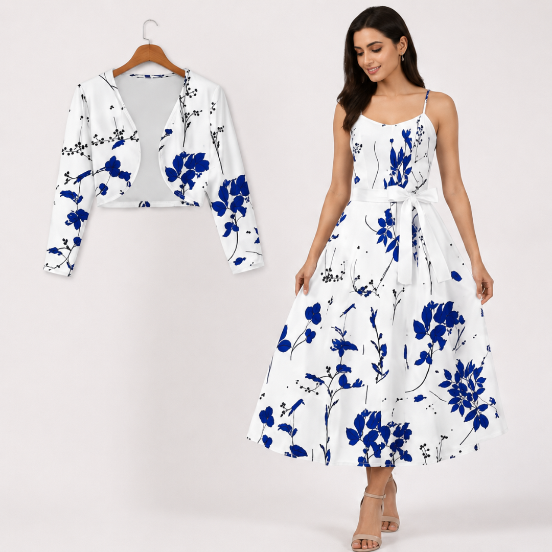 Women's Floral Printed Party Wear Midi Dress with Matching Shrug