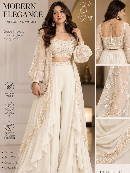 Ivory Luxe Embroidered Cape Palazzo Set | Modern 3-Piece Partywear