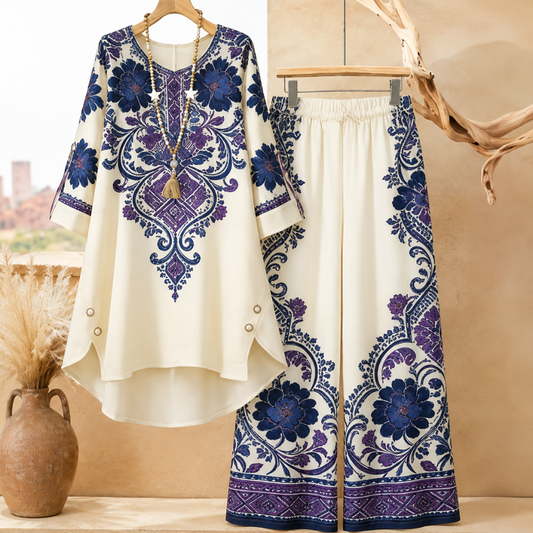 Women's Elegant Floral Printed Long Sleeve Tunic Top & Wide Leg Pants Co-Ord Set
