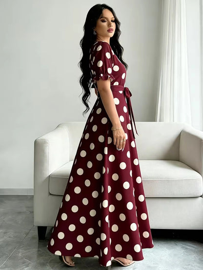 Women's Timeless Polka Dot Midi Dress – Puff Sleeve Belted Fit & Flare Dress