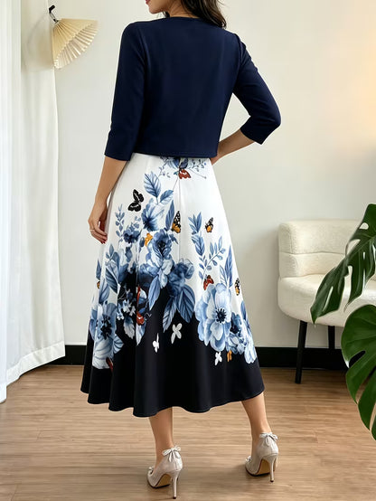 Elegant Floral Print 2-Piece Dress