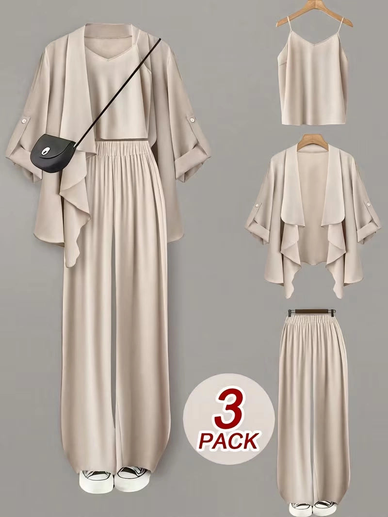Elegant 3-Piece Co-Ord Set – Cardigan Jacket, Sleeveless Top & Relaxed Pants