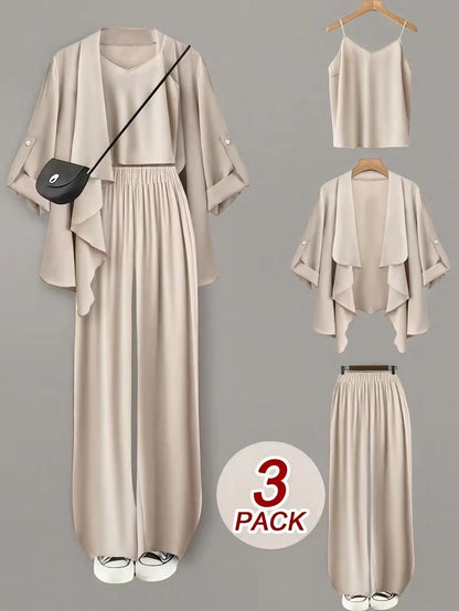 Elegant 3-Piece Co-Ord Set – Cardigan Jacket, Sleeveless Top & Relaxed Pants