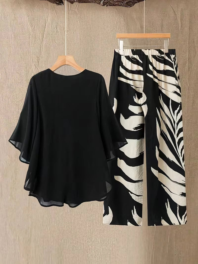 Chiffon Co-Ord Set – Batwing Sleeve Loose Top & Wide-Leg Pants (2-Piece)