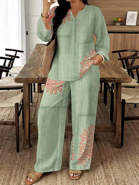 Women's Ethnic Leaf Print Boho Co-Ord Set – Long Sleeve Top & Wide-Leg Pants (2-Piece)