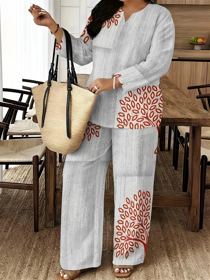 Women's Ethnic Leaf Print Boho Co-Ord Set – Long Sleeve Top & Wide-Leg Pants (2-Piece)