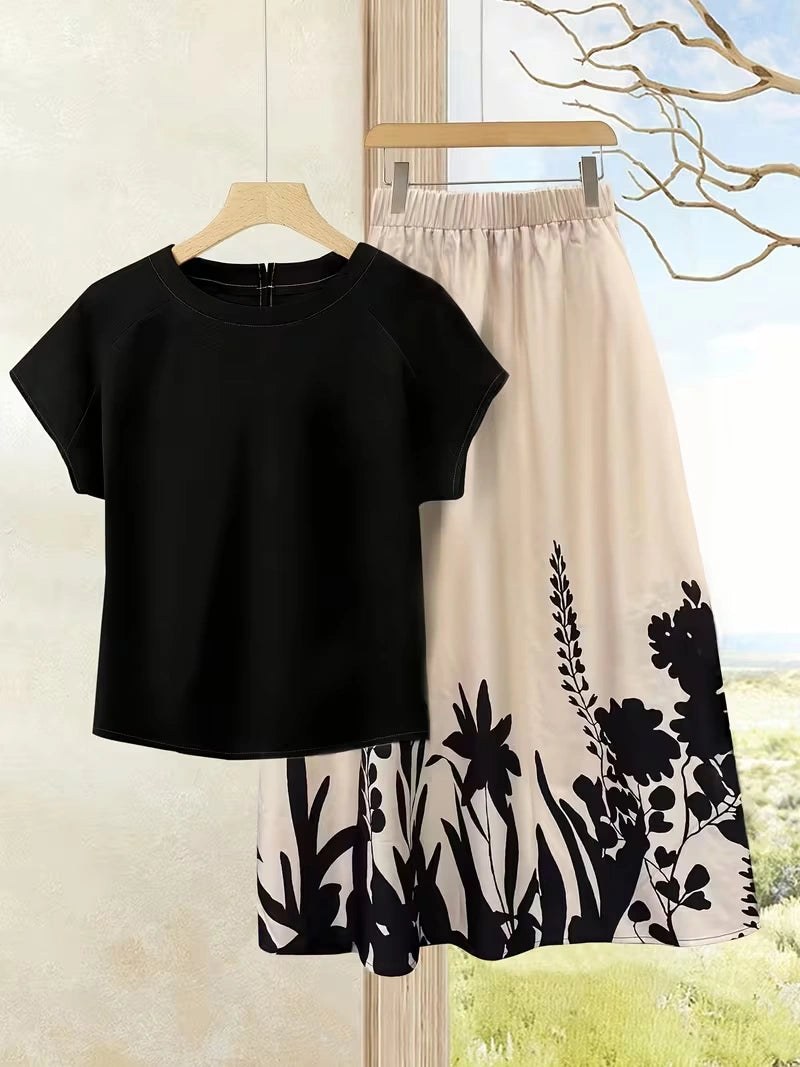 Women's Summer Casual Skirt Co-Ord Set | Solid Top & Printed Skirt 2-Piece Outfit